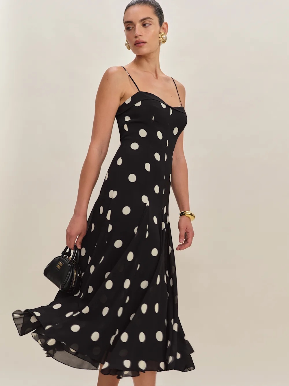 Reformation Black and White Polka Dot Slip Midi Dress